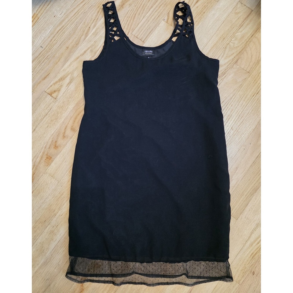 Nicole by Nicole Miller Black Shift Mini Slip Dress Lattice Straps Mesh Hem 6